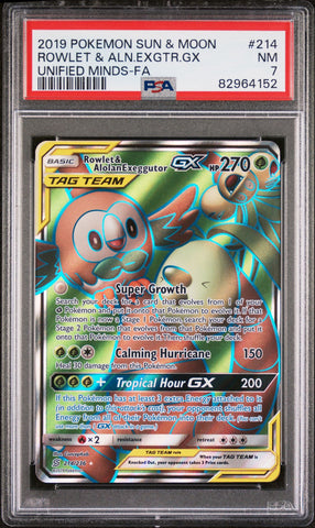 PSA 7 - Unified Minds - Rowlet & Alolan Exeggutor Gx #214