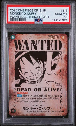 PSA 10 - OP13 JP  - Monkey.D. Luffy Wanted SP #118
