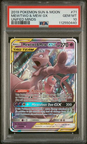 PSA 10 - Unified Minds - Mewtwo & Mew GX #71