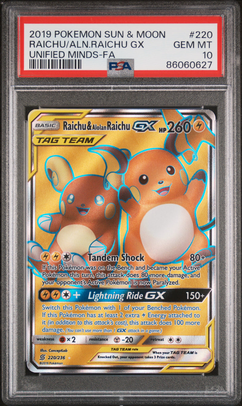 PSA 10 - Unified Minds - Raichu & Alolan Raichu GX