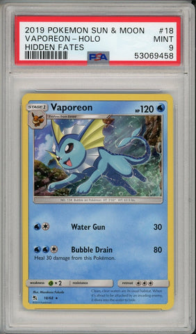 PSA 9 - Hidden Fates - Vaporeon Holo #18